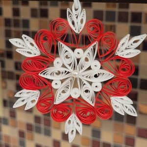 Christmas Snowflake Ornament Handmade Quilled Red and White Lace Pattern NEW